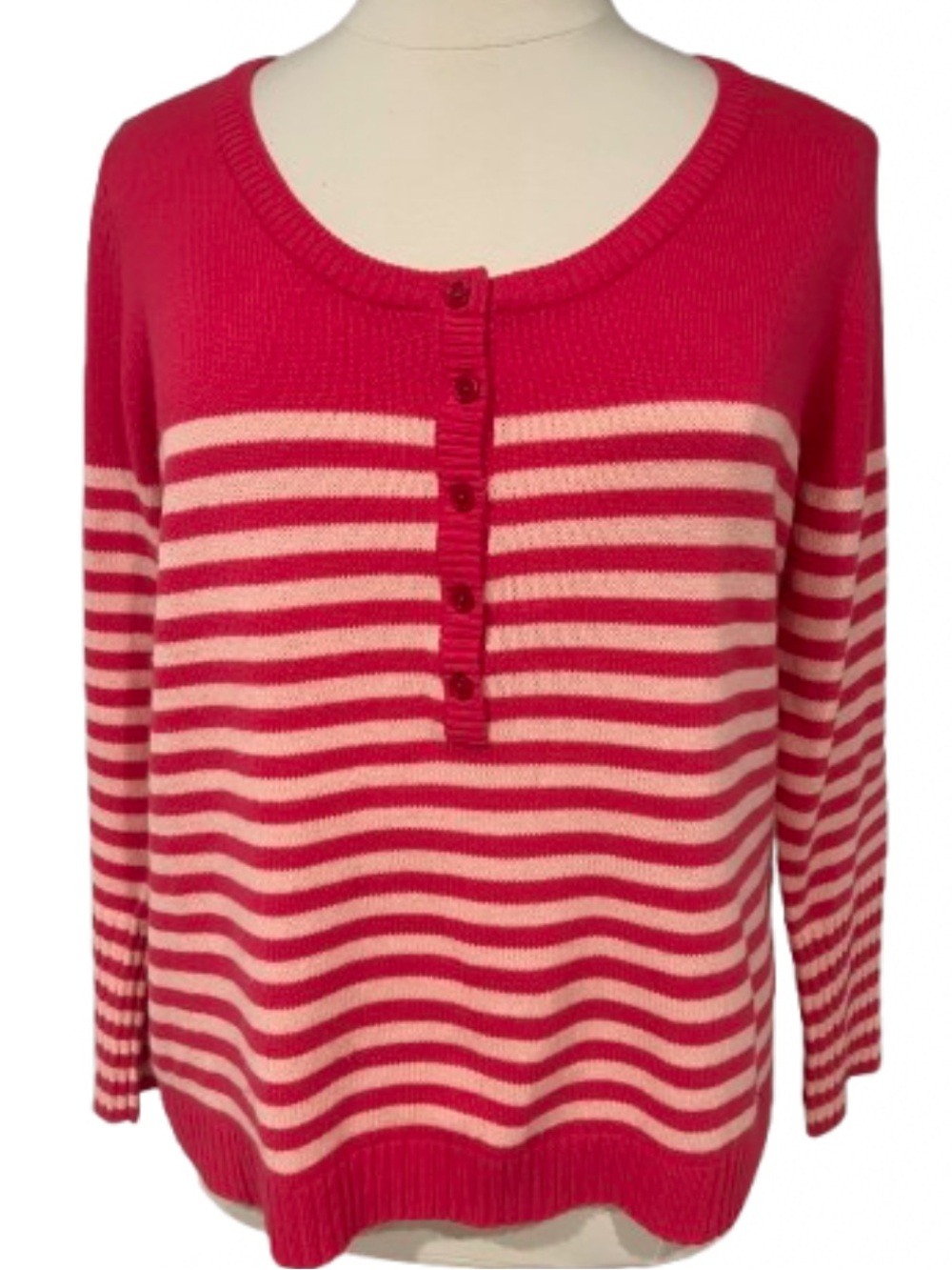 Hot Pink and Cream Striped Henley Sweater
